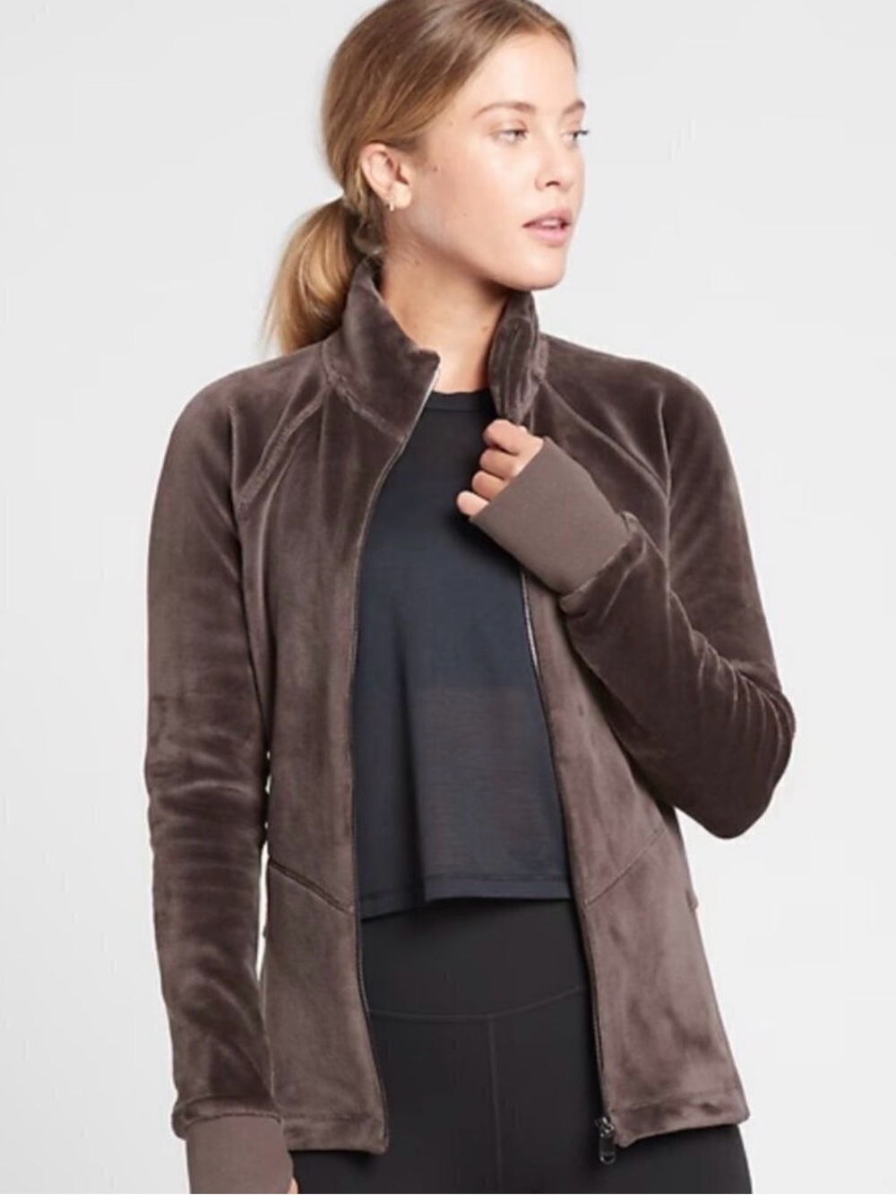 Athleta Plush Full-Zip Teddy Jacket in Dark Brown